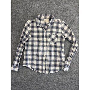 Current/Elliott Button Up Shirt Women's 0 Blue White Plaid Long Sleeve Pocket